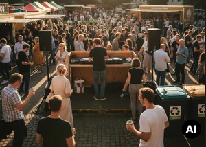 Ein Sommerfest in einem Innenhof mit vielen Besuchern (KI-generiert)