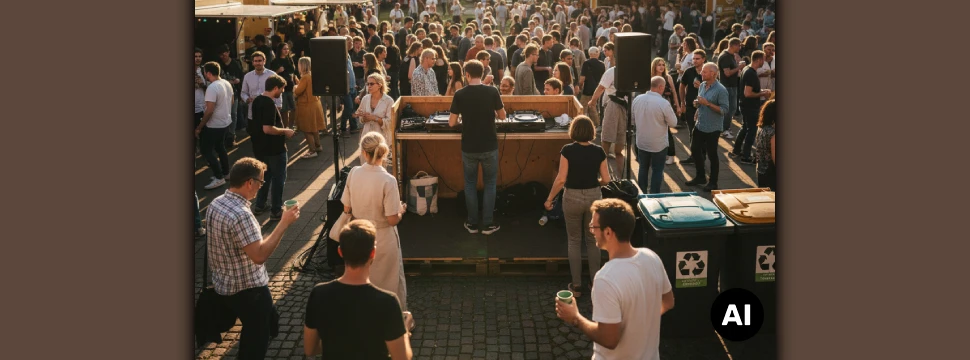 Ein Sommerfest in einem Innenhof mit vielen Besuchern (KI-generiert)