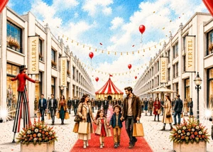 Grafik einer Familie bei einem Zirkus-Straßenfest im Hamburger Passagenviertel