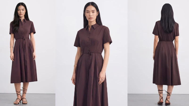 Eine Frau in einem dunklen Hemdblusenkleid, die in verschiedenen Positionen das Kleid für Fotoszeigt