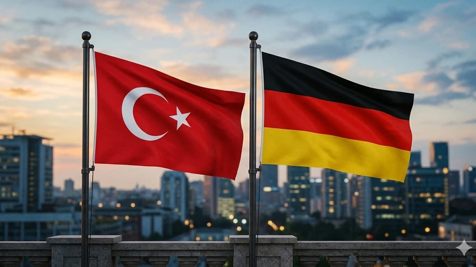 Türkische und deutsche Flagge vor einer Hochhaus-Skyline