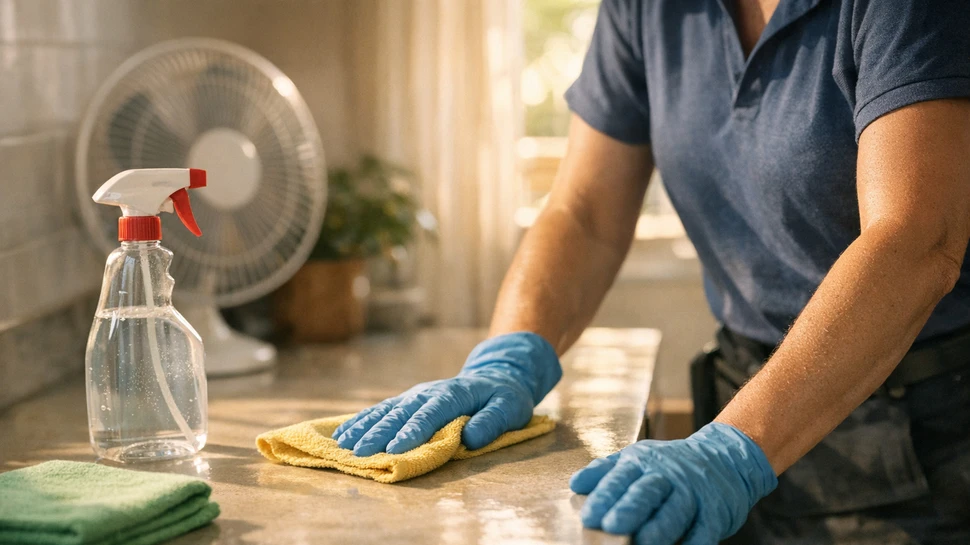 Reinigung einer Oberfläche mit Lappen und blauen Einweg-Handschuhen