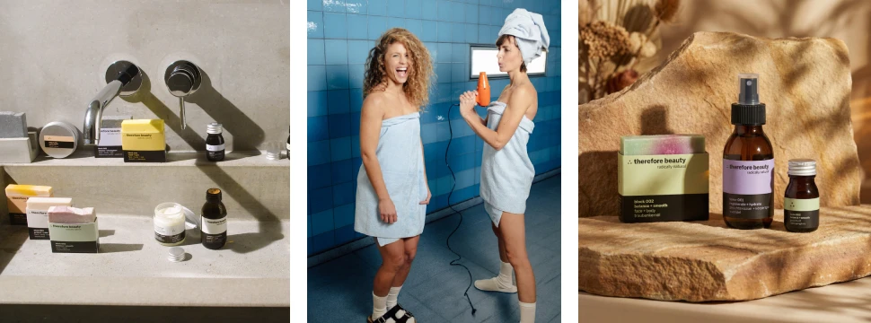 Collage: Die beiden Gründerinnen Natalie Richter und Mar Navajas Garcia und Produkte von therefore beauty