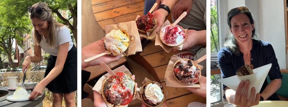 Collage: Ice Cream-Epertin Kim Reincke beim Anschneiden einer Eistorte, Eishände, Macaron-Eis von Jö Makrönchen
