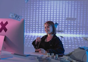 Junge Frau mit Kurzhaarschnitt sitzt lächelnd am Computer und hält eine Kreditkarte in der Hand.