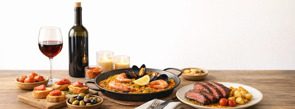 Ein Holztisch mit Tapas, Paella, Fleisch und einem Rotwein-Glas samt Flasche