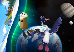 Ein animierter Otter und ein Vogel fliegen durchs All an der Erde vorbei