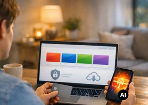 Mann arbeitet am Laptop mit bunten Farbfeldern auf dem Bildschirm, hält Smartphone mit AI-Symbol in der Hand (KI-generiert)