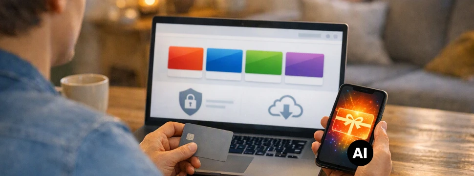 Mann arbeitet am Laptop mit bunten Farbfeldern auf dem Bildschirm, hält Smartphone mit AI-Symbol in der Hand (KI-generiert)