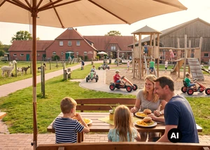 Eine Familie isst Burger bei einem Abenteuerspielplatz (KI-generiert)