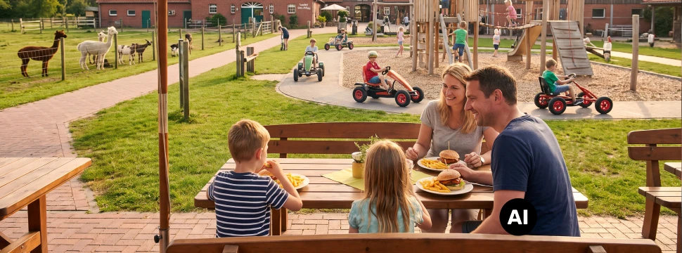 Eine Familie isst Burger bei einem Abenteuerspielplatz (KI-generiert)