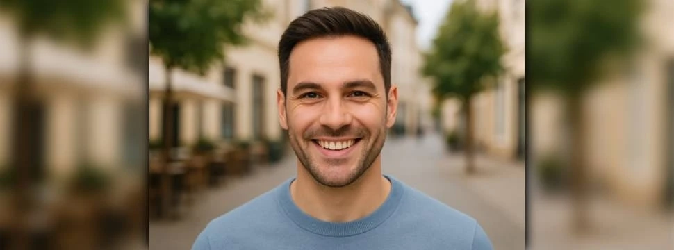 Junger Mann mit vollem, dichtem Haar und Bart lächelt zufrieden in die Kamera – Beispiel für ein natürliches Ergebnis nach einer Haartransplantation.