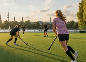 Mehrere Personen spielen auf einem Feld Hockey.