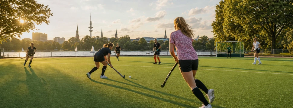 Mehrere Personen spielen auf einem Feld Hockey.