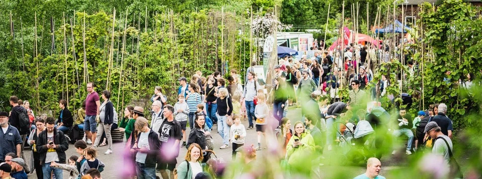 Asphaltsprenger Festival Viele Menschen laufen durch einen Park