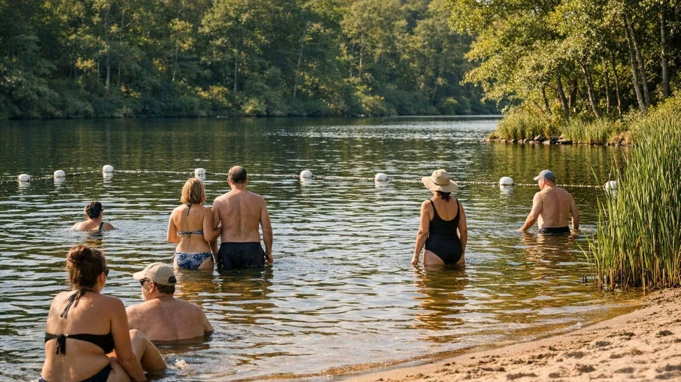 Diverse Menschen sitzen und stehen in einem Badesee