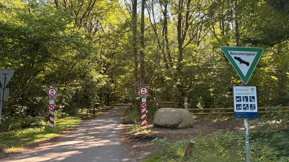 Weg der in den Duvenstedter Brook an zwei Durchfahrtsverboten Schildern vorbei führt