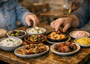 Verschiedene griechische Tapas und zwei Personen, die sich gerade etwas nehmen