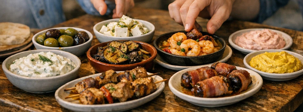 Verschiedene griechische Tapas und zwei Personen, die sich gerade etwas nehmen