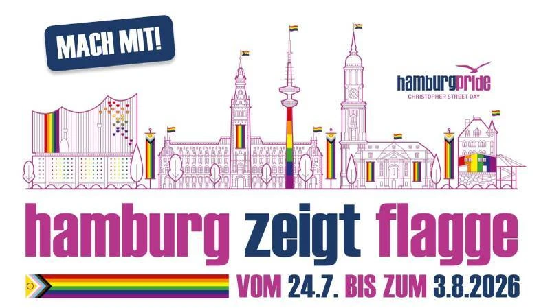 bunte Hamburg-Silhouette mit dem Schriftzug Hamburg zeigt Flagge