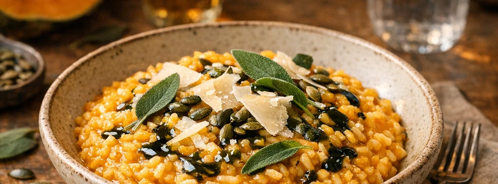 eine Schale mit Kürbis-Risotto mit Parmesan und Salbei