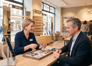 eine Augenoptikerin berät einen Mann in einem Brillengeschäft