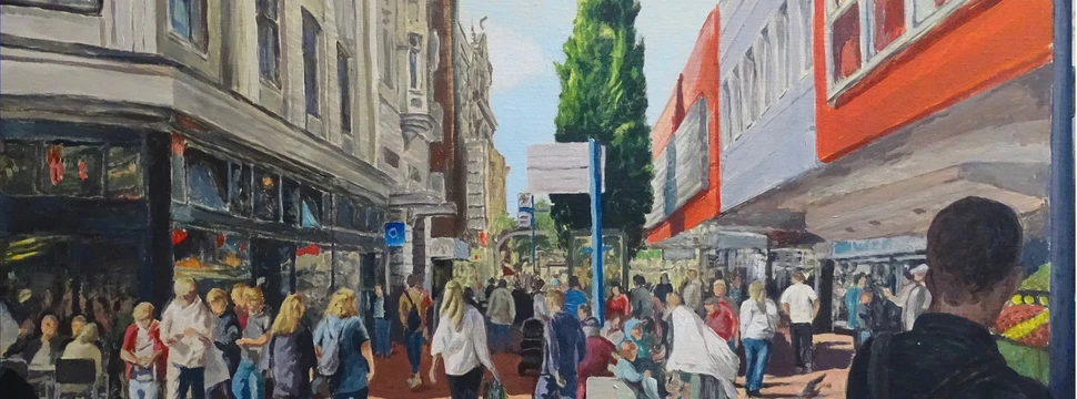 Exponat der Ausstellung Gemaltes Bild mit einer Gasse voller Menschen