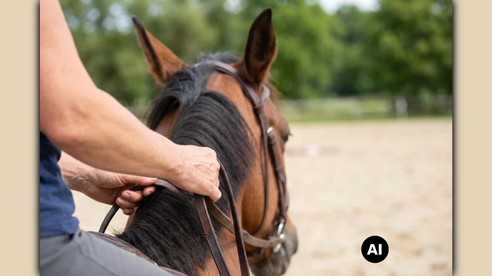 Eine Person sitzt auf einem Pferd, Fokus auf Händen, die Zügel halten (KI-generiert)