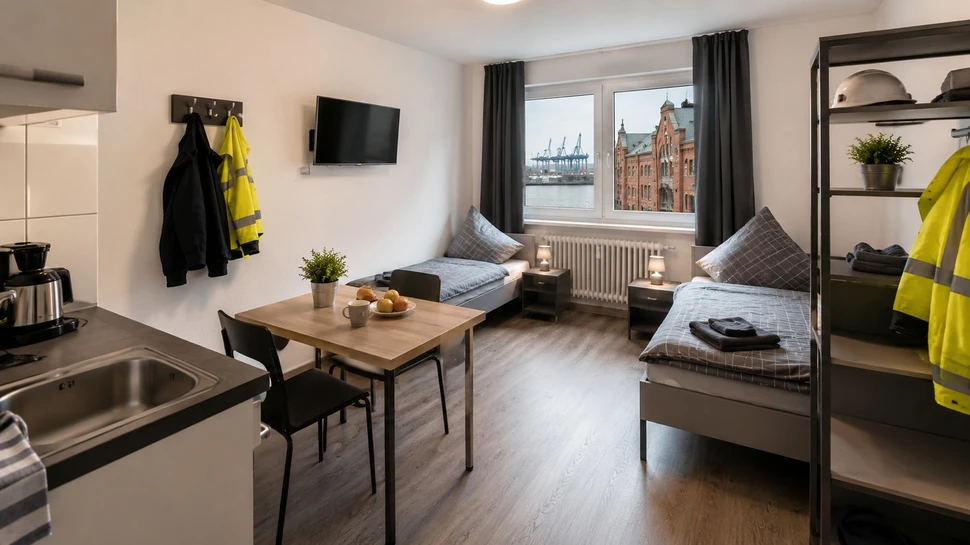Modernes Mehrbettzimmer mit Küchenzeile, zwei Einzelbetten und Hafenblick durch große Fenster.