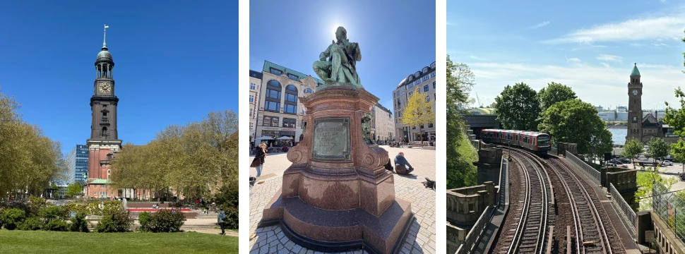 Collage: Hamburger Michel, Lessingdenkmal auf dem Gänsemarkt, Blick auf die U3 und die Hamburger Landungsbrücken