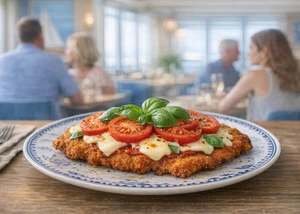 Schnitzel überbacken mit Tomate und Käse sowie frisches Basilikum