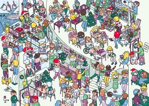 comic-hafte Darstellung von vielen Menschen an Tischen in einem Restaurant