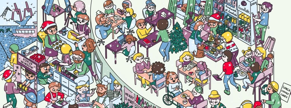 comic-hafte Darstellung von vielen Menschen an Tischen in einem Restaurant