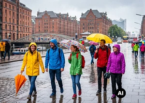 Fünf junge Menschen in bunter Regenkleidung bei Regen in der Hamburger Speicherstadt.