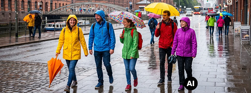 Fünf junge Menschen in bunter Regenkleidung bei Regen in der Hamburger Speicherstadt.
