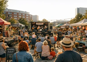 Viele Menschen sind bei einem Fest und lauschen den Musikern auf der Bühne.