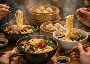 Schalen mit Ramen Nudeln und Dumplings