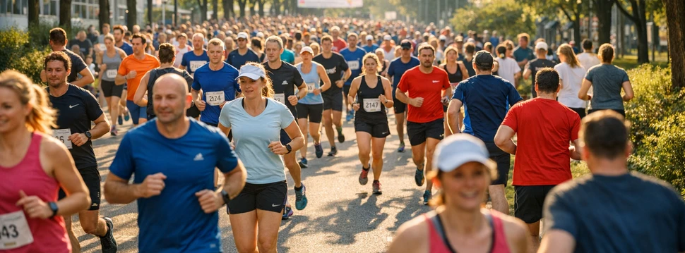 Läufer und Läuferinnen in sommerlichen Sportsachen bei einem Laufevent