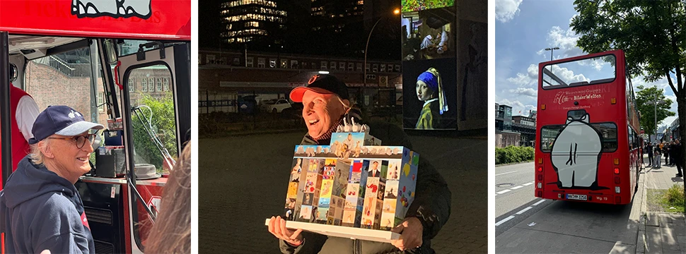 Collage aus Bildern von Otto Waalkes und einem roten Doppeldeckerbus mit Ottifantenhintern