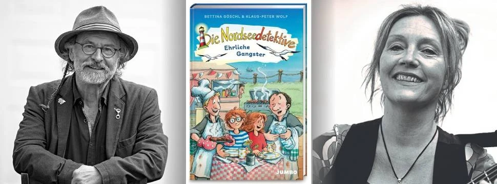 schwarz-weiß Fotos von einem Mann mit Hut und einer Frau, in der Mitte das Buchcover von Die Nordseedetektive – Ehrliche Gangster