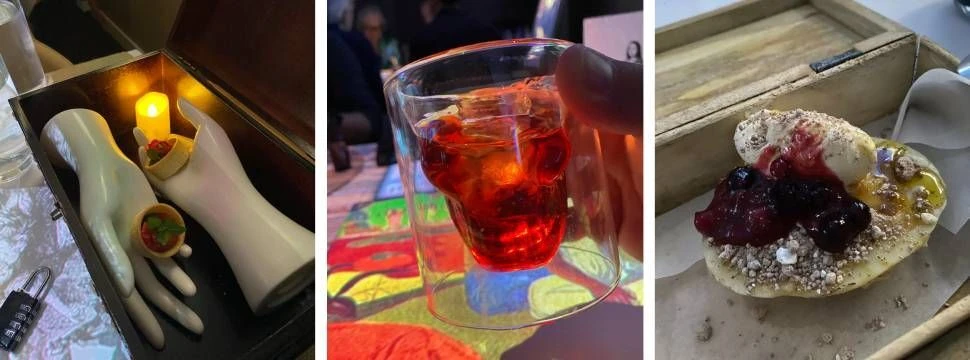 Tarteletts in künstlichen Händen, Drink im Totenkopfglas und Dessert in einer Holzkiste