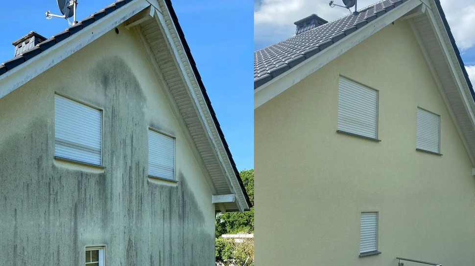 Fassade eines Hauses, vorher mit Schimmel, hinterher saniert