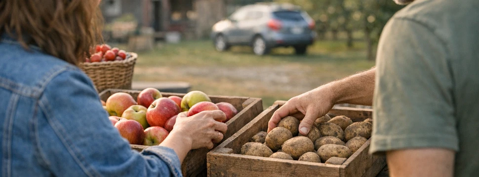 Eine Frau und ein Mann stehen vor einer Kiste mit Äpfeln und einer Kiste mit Kartoffeln