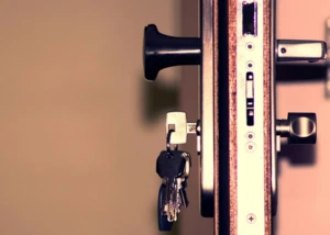 Modernes Türschloss mit Schlüsselbund an einer Holztür mit Metallbeschlägen und Türklinke.