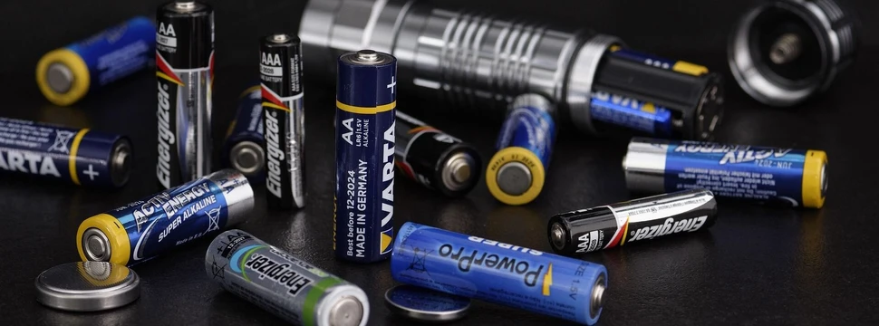 verschiedene Batterien vor schwarzem Hintergrund