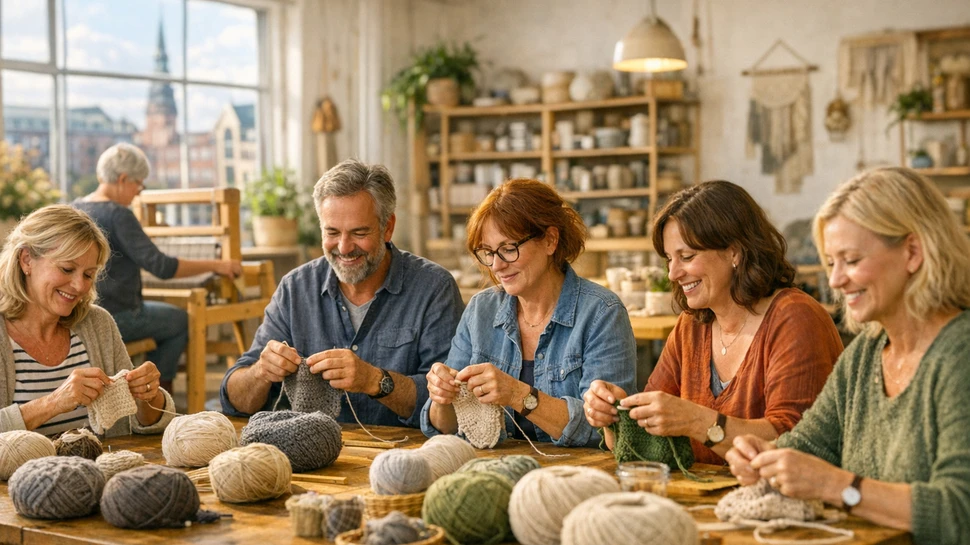 Mehrere Menschen sitzen beim Stricken an einem Tisch.