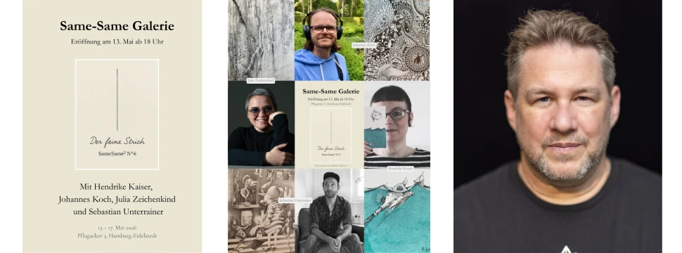 Collage: Titel Same-Same Galerie, alle 4 Künsteler, Kurator René Scheer