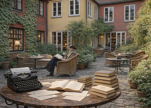 Eine Frau liest ein Buch in einem Innenhof