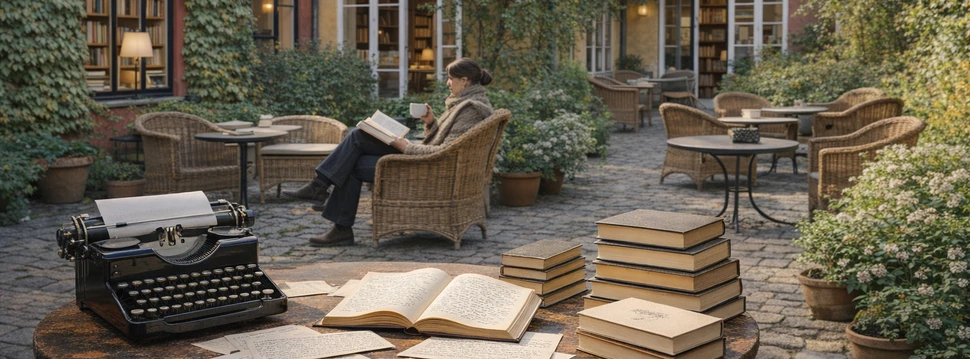Eine Frau liest ein Buch in einem Innenhof