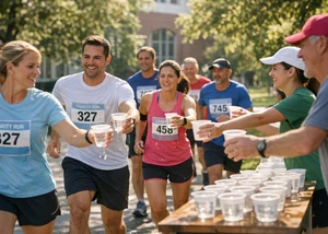Läufer und Läuferinnen in sommerlichen Sportsachen an der Wasserausgabe bei einem Laufevent